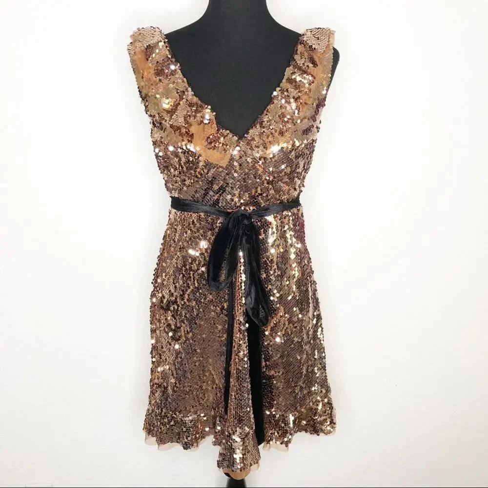 Free People copper bronze sequin open back dress size 4